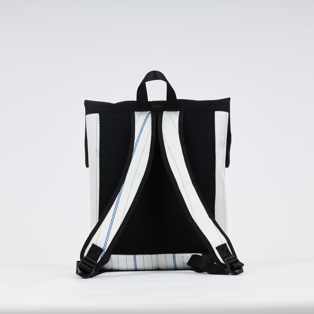 Backpack made of recycled firehose by hand. Sold on qacrafts.com